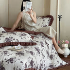 Bedding Set Cotton Gauze Floral & Ruffle Reversible 4-Piece