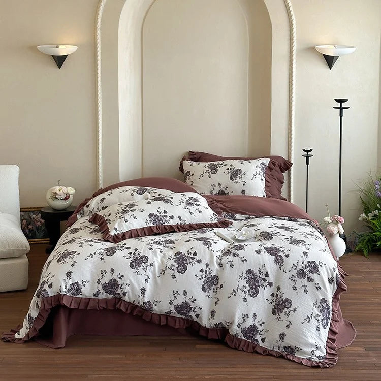 Bedding Set Cotton Gauze Floral & Ruffle Reversible 4-Piece