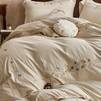 Bedding Set Cotton Gauze Hand-Stitched Floral & Ruffle 4-Piece