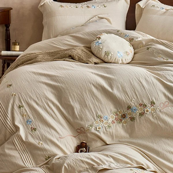 Bedding Set Cotton Gauze Hand-Stitched Floral & Ruffle 4-Piece