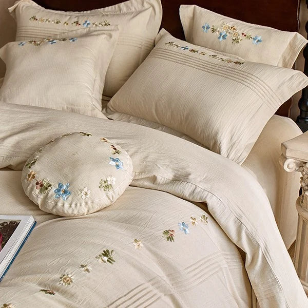 Bedding Set Cotton Gauze Hand-Stitched Floral & Ruffle 4-Piece