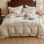 Bedding Set Cotton Gauze Hand-Stitched Floral & Ruffle 4-Piece