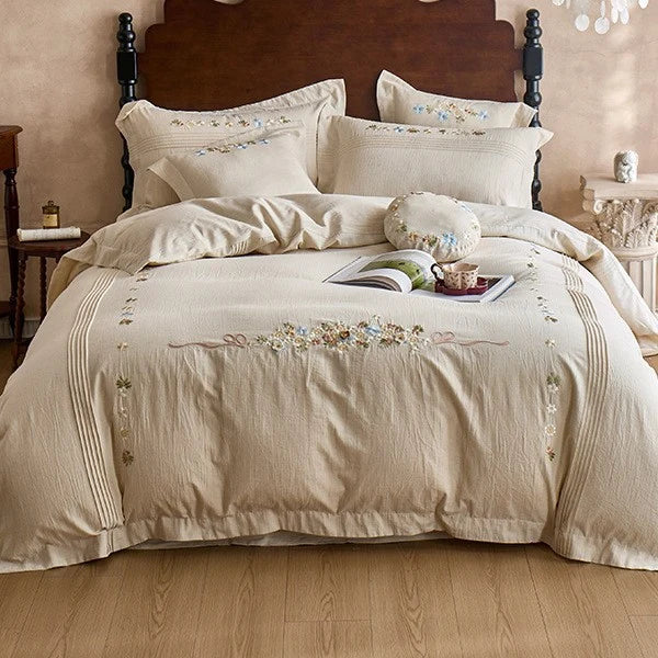 Bedding Set Cotton Gauze Hand-Stitched Floral & Ruffle 4-Piece