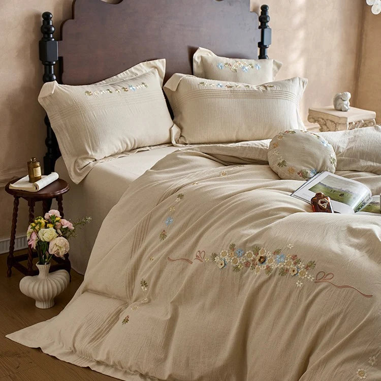 Bedding Set Cotton Gauze Hand-Stitched Floral & Ruffle 4-Piece