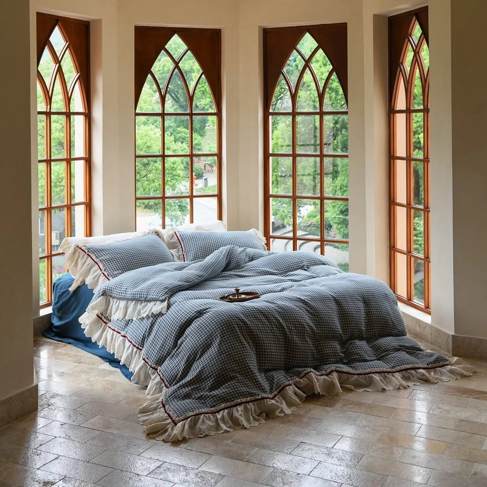 Bedding Set Cotton Gauze Quilted Lace Trim