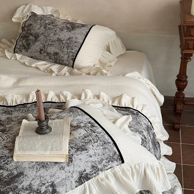 Bedding Set Cotton Gauze With Velvet Ruffle & Piping