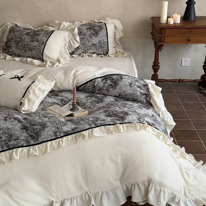 Bedding Set Cotton Gauze With Velvet Ruffle & Piping