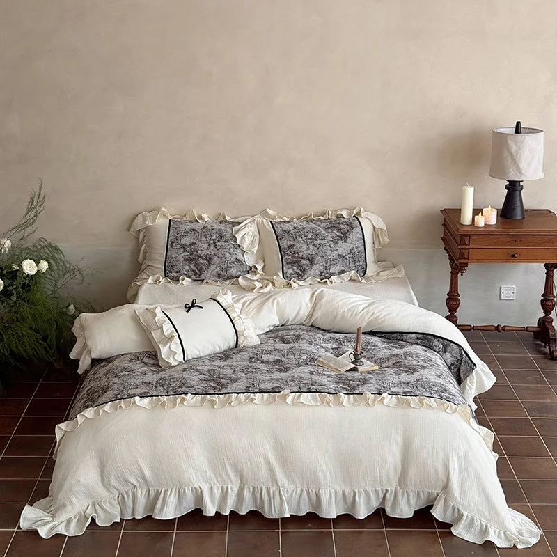 Bedding Set Cotton Gauze With Velvet Ruffle & Piping