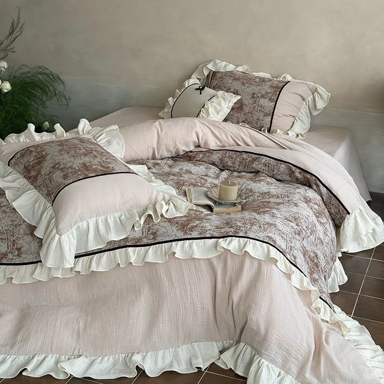 Bedding Set Cotton Gauze With Velvet Ruffle & Piping