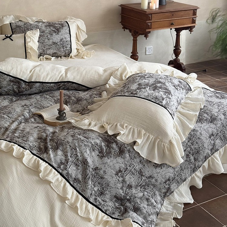 Bedding Set Cotton Gauze With Velvet Ruffle & Piping