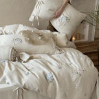 Bedding Set Cotton-Linen Blend Floral Embroidery & Ribbon Trim