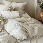 Bedding Set Cotton-Linen Blend Floral Embroidery & Ribbon Trim