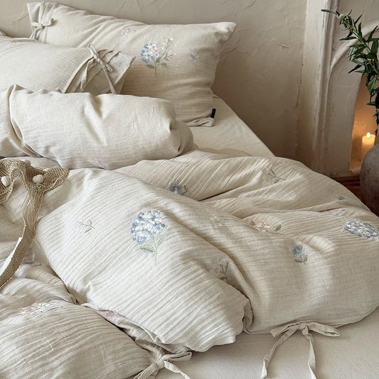 Bedding Set Cotton-Linen Blend Floral Embroidery & Ribbon Trim