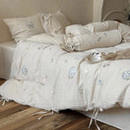 Bedding Set Cotton-Linen Blend Floral Embroidery & Ribbon Trim