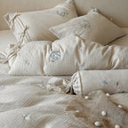 Bedding Set Cotton-Linen Blend Floral Embroidery & Ribbon Trim