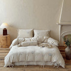 Bedding Set Cotton-Linen Blend Floral Embroidery & Ribbon Trim