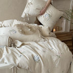 Bedding Set Cotton-Linen Blend Floral Embroidery & Ribbon Trim