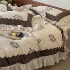 Bedding Set Cotton Linen Blend Floral Medallion Ruffled Skirt