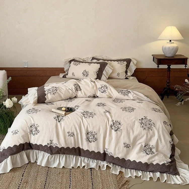 Bedding Set Cotton Linen Blend Floral Medallion Ruffled Skirt