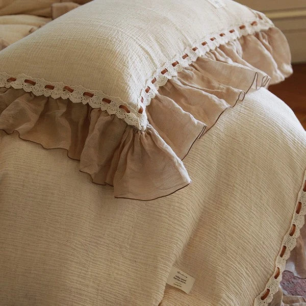 Bedding Set Cotton-Linen Breathable Ruffle & Lace Trim