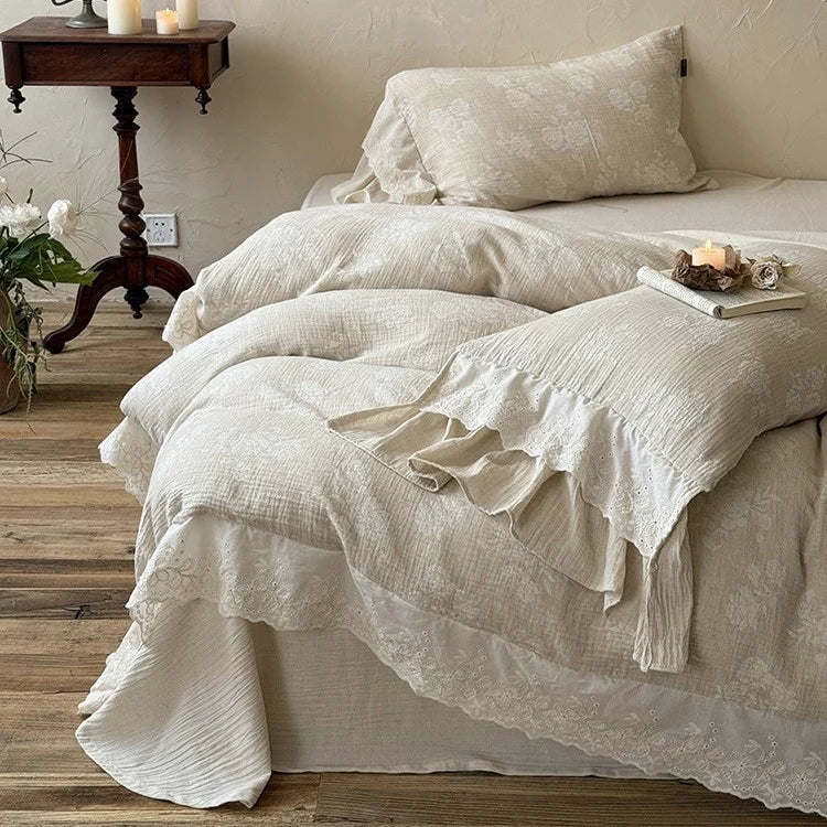 Bedding Set Cotton-Linen Broderie Anglaise Ruffled Set of 4