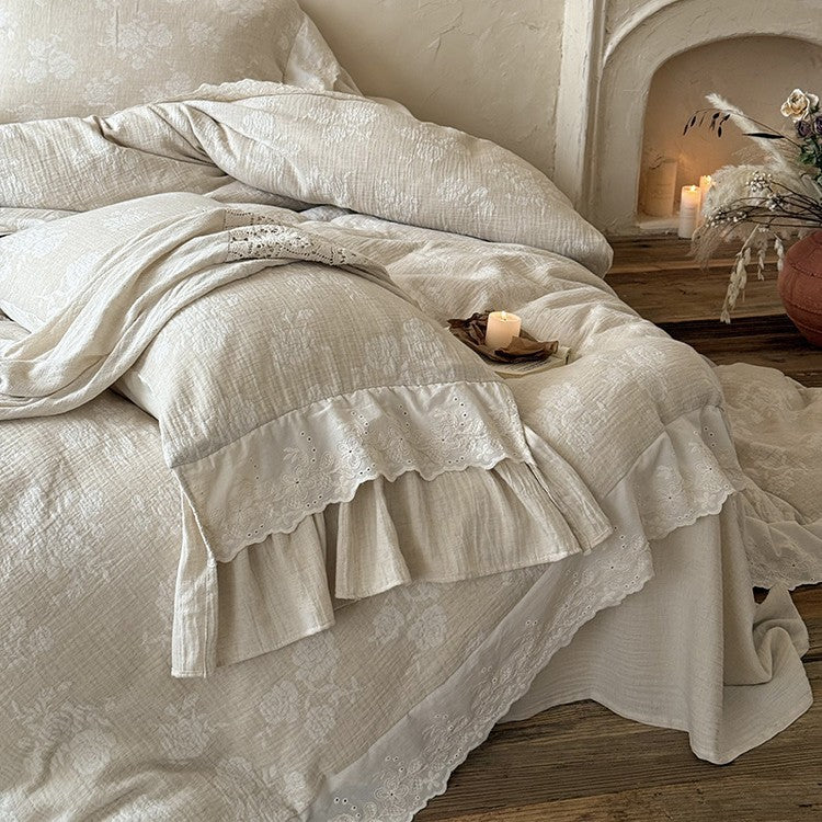 Bedding Set Cotton-Linen Broderie Anglaise Ruffled Set of 4