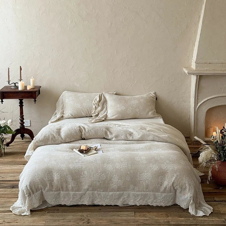 Bedding Set Cotton-Linen Broderie Anglaise Ruffled Set of 4