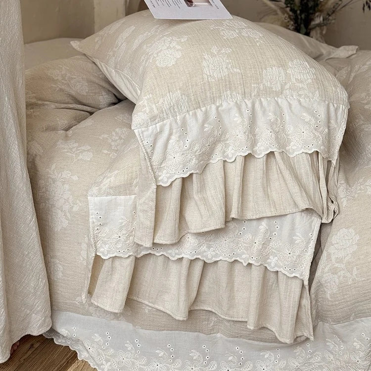 Bedding Set Cotton-Linen Broderie Anglaise Ruffled Set of 4