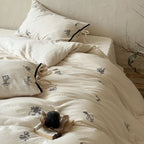 Bedding Set Cotton-Linen Floral Embroidery Bow-Closure Pillowcases