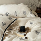 Bedding Set Cotton-Linen Floral Embroidery Bow-Closure Pillowcases