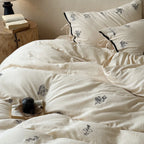 Bedding Set Cotton-Linen Floral Embroidery Bow-Closure Pillowcases