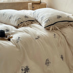 Bedding Set Cotton-Linen Floral Embroidery Bow-Closure Pillowcases