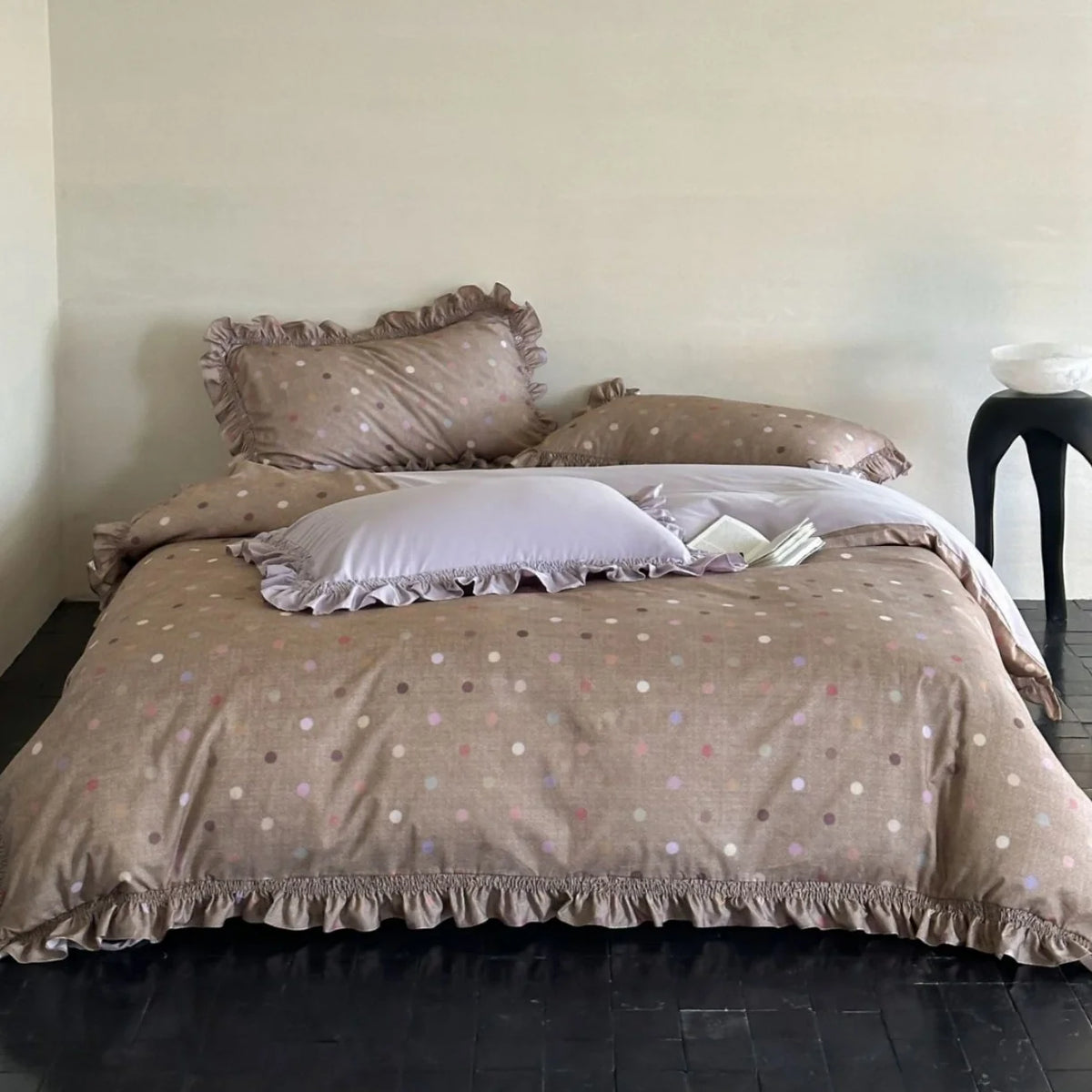 Bedding Set Cotton-Linen Reversible Polka Dot & Ruffled Edges