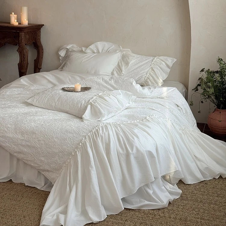 Bedding Set Cotton Muslin Broderie Anglaise With Bed Skirt