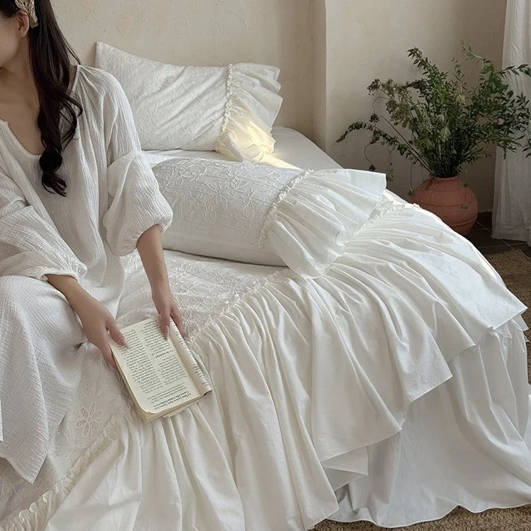 Bedding Set Cotton Muslin Broderie Anglaise With Bed Skirt