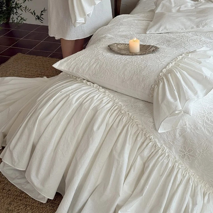 Bedding Set Cotton Muslin Broderie Anglaise With Bed Skirt