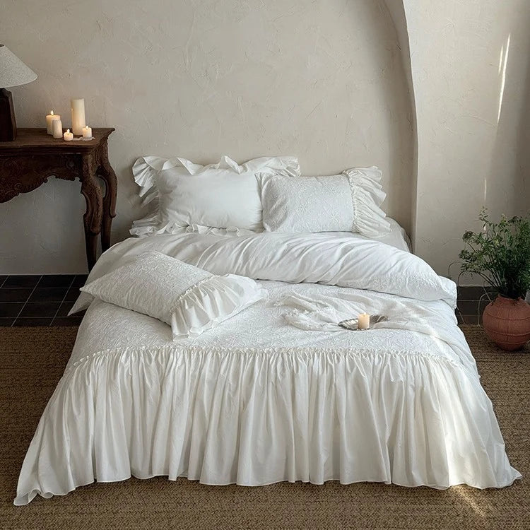 Bedding Set Cotton Muslin Broderie Anglaise With Bed Skirt