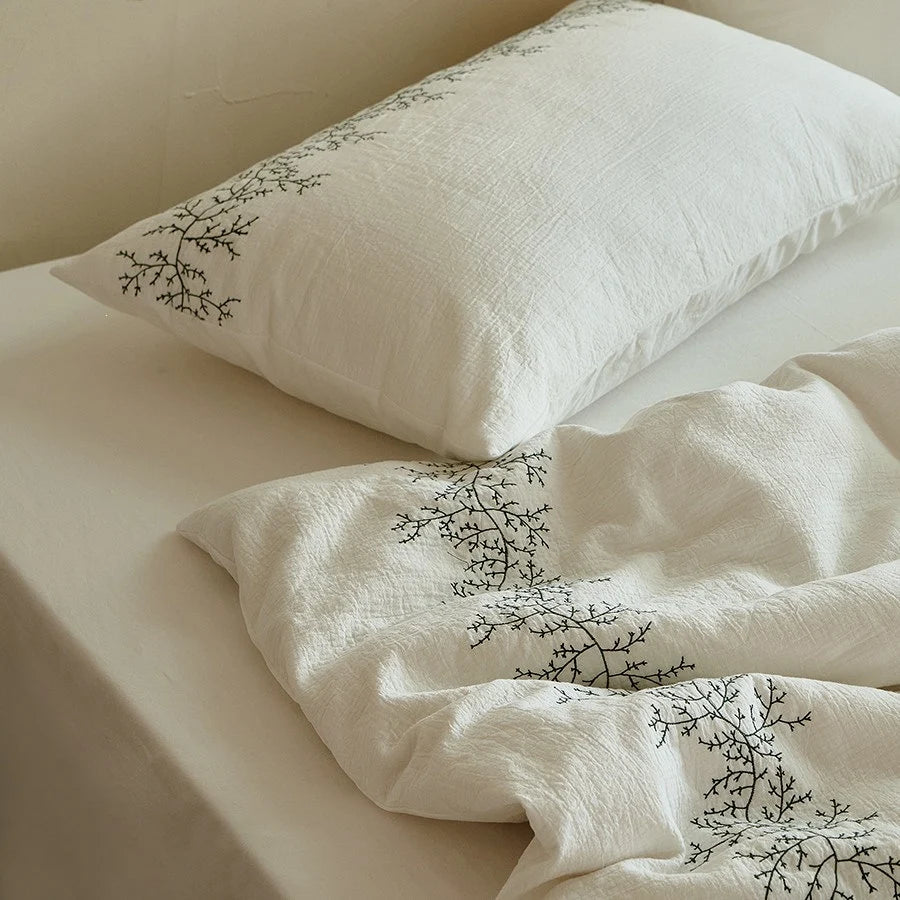 Bedding Set Cotton Muslin Delicate Branch Embroidery 4-Piece