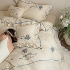 Bedding Set Cotton Muslin Embroidered & Ruffled 4-Piece