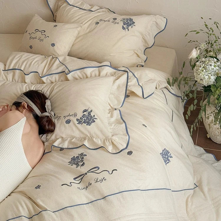 Bedding Set Cotton Muslin Embroidered & Ruffled 4-Piece
