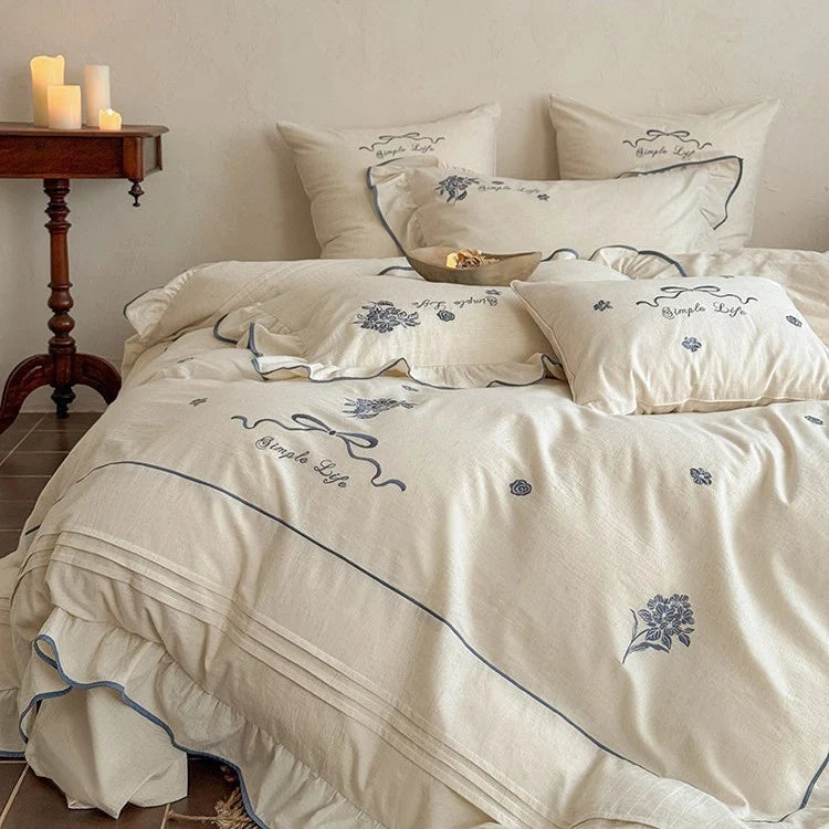 Bedding Set Cotton Muslin Embroidered & Ruffled 4-Piece
