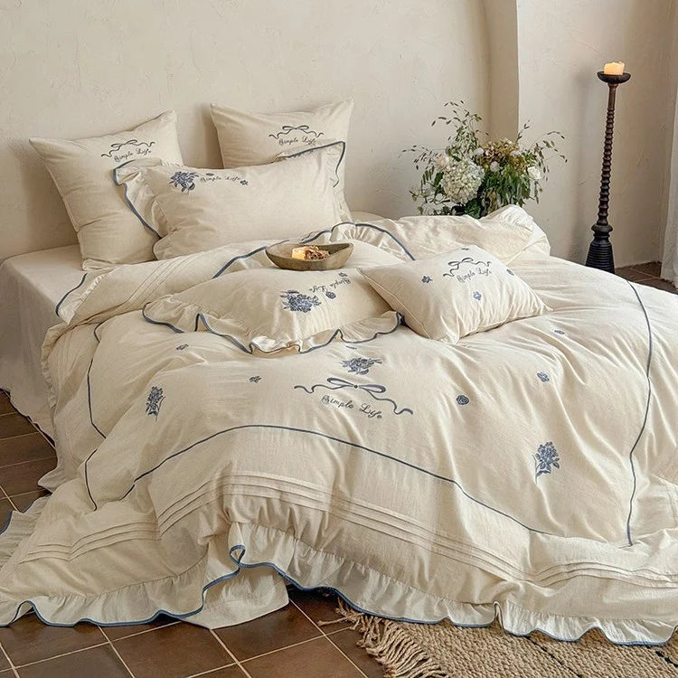 Bedding Set Cotton Muslin Embroidered & Ruffled 4-Piece