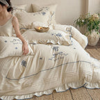 Bedding Set Cotton Muslin Embroidered & Ruffled 4-Piece