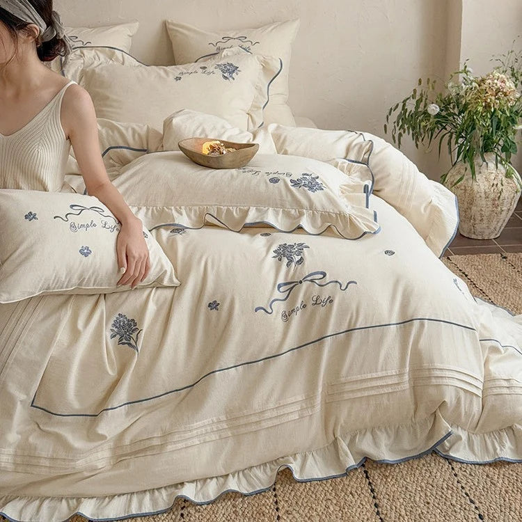 Bedding Set Cotton Muslin Embroidered & Ruffled 4-Piece