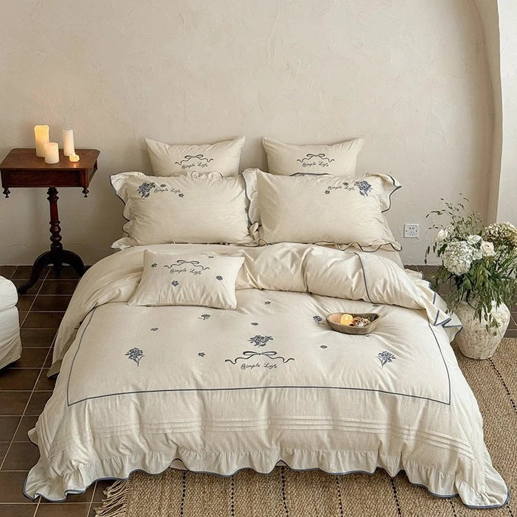 Bedding Set Cotton Muslin Embroidered & Ruffled 4-Piece
