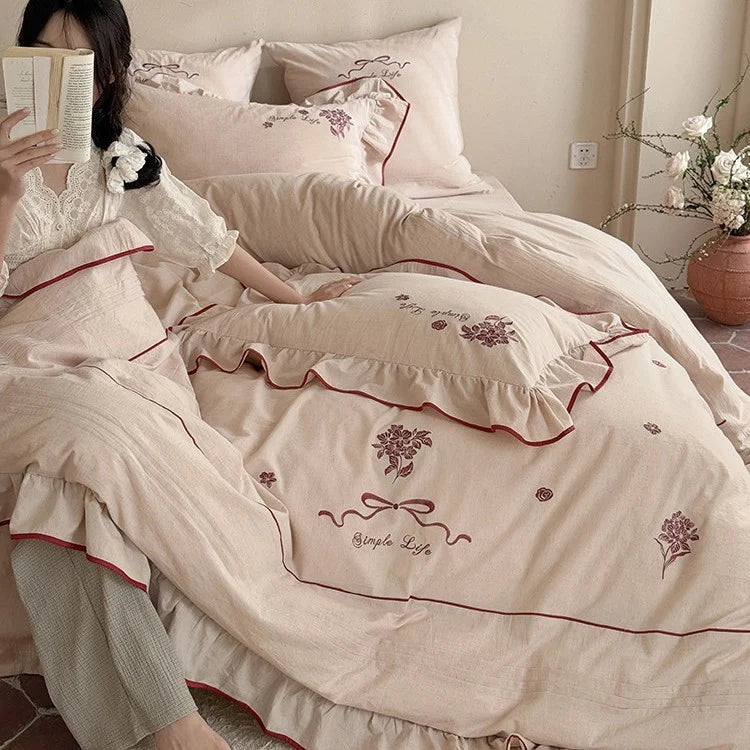 Bedding Set Cotton Muslin Embroidered & Ruffled 4-Piece
