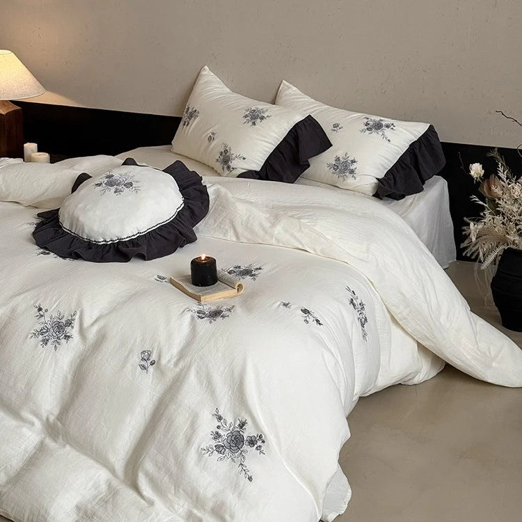 Bedding Set Cotton Muslin Rose Embroidery Breathable & Hypoallergenic