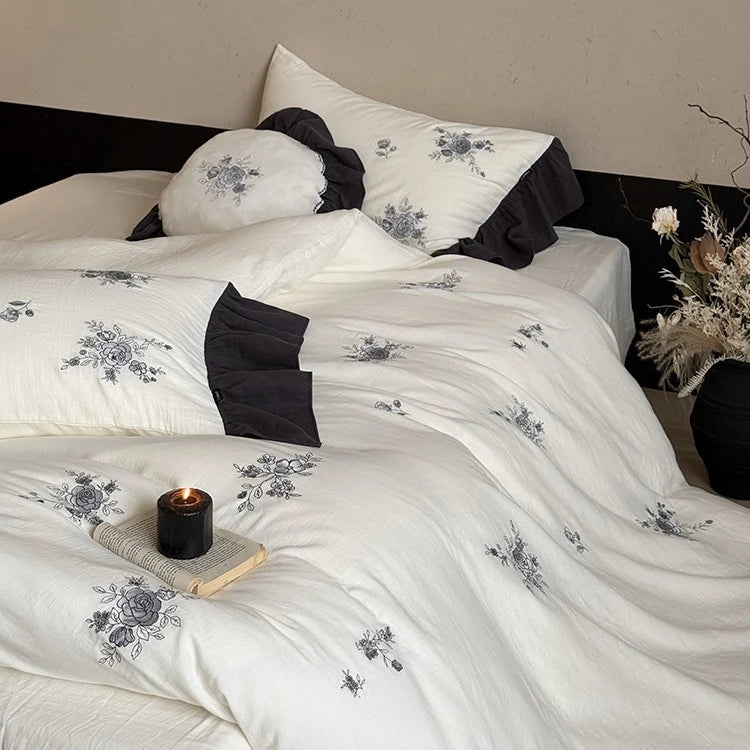 Bedding Set Cotton Muslin Rose Embroidery Breathable & Hypoallergenic