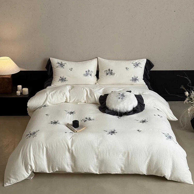 Bedding Set Cotton Muslin Rose Embroidery Breathable & Hypoallergenic