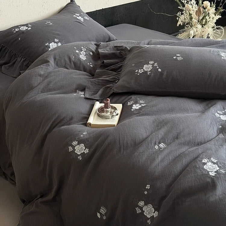 Bedding Set Cotton Muslin Rose Embroidery Breathable & Hypoallergenic